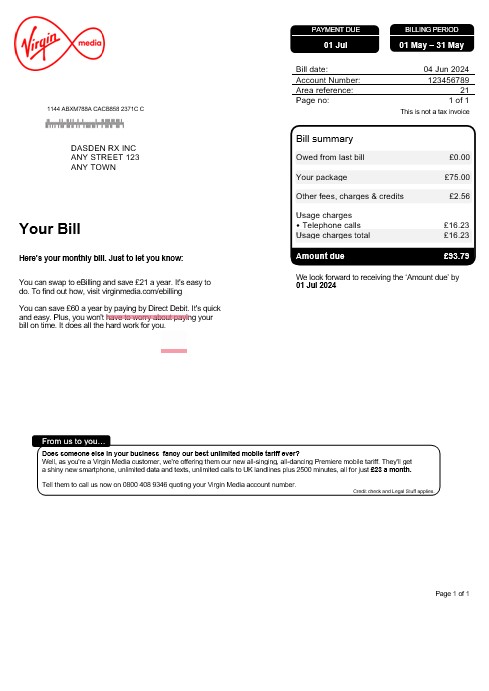 United Kingdom Virgin Media business utility bill, Word and PDF template PSD template